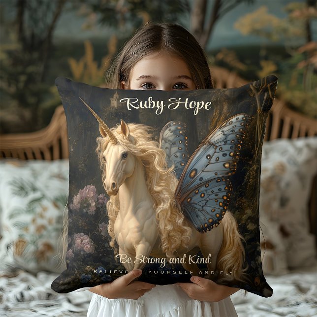 Coussin Licorne Blanche Ailes de Papillon Bleu Cheval Fée (Créateur téléchargé)