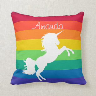 Coussin Licorne blanche personnalisée motif arc-en-ciel su
