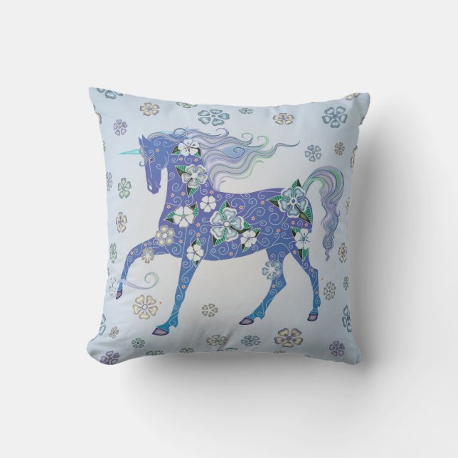Coussin Licorne bleu-clair en fleurs (Recto)