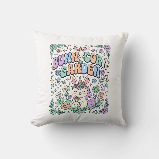 Coussin Licorne Bunnycorn Jardin Kawaii Typographie Design (Recto)
