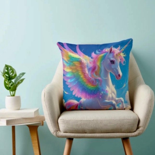 Coussin Licorne Danseuse aux Ailes Arc-en-Ciel (Throw Pillow 100% polyester heavyweight stretch material. Hidden zipper Made in the USA.

)