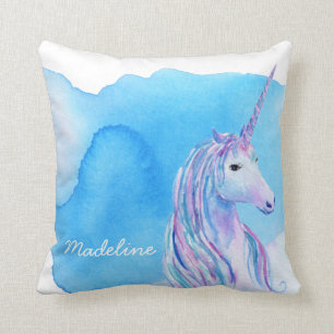 Coussin Licorne d'aquarelle personnalisée par bleu d'Aqua