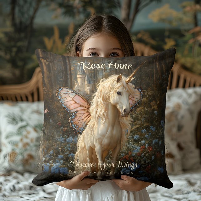 Coussin Licorne de la Forêt Blanche Ailes de Papillon Rose (Créateur téléchargé)