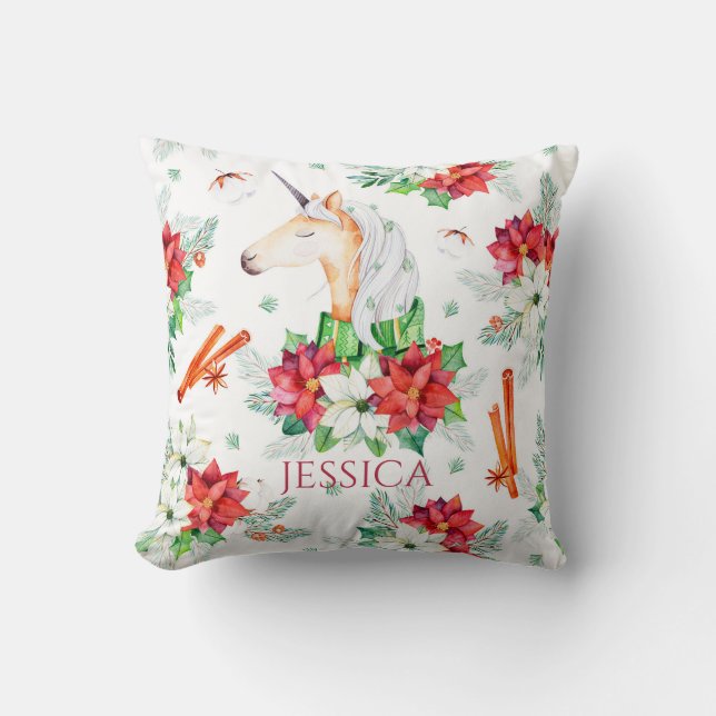 Coussin licorne de Noël et motif poinsettia (Recto)