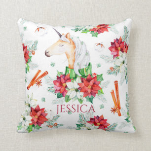 Coussin licorne de Noël et motif poinsettia