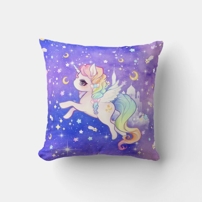 Coussin Licorne en pastel de kawaii mignon avec des lunes (Recto)