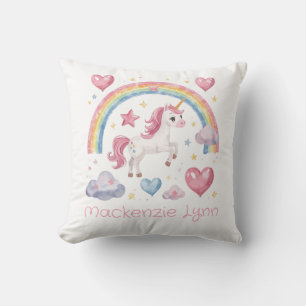 Coussin Licorne et arc-en-ciel à l'aquarelle Nom personnal
