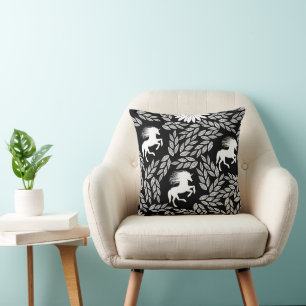 Coussin Licorne et motif floral tendance blanc et noir