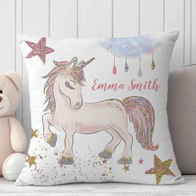 Coussin Licorne Étoiles Pailletées Magiques Monogramme Nom (Créateur téléchargé)