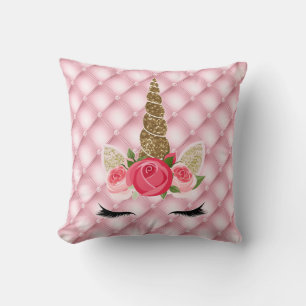 Coussin Licorne Fille Pailletée Or et Roses Roses Tendance