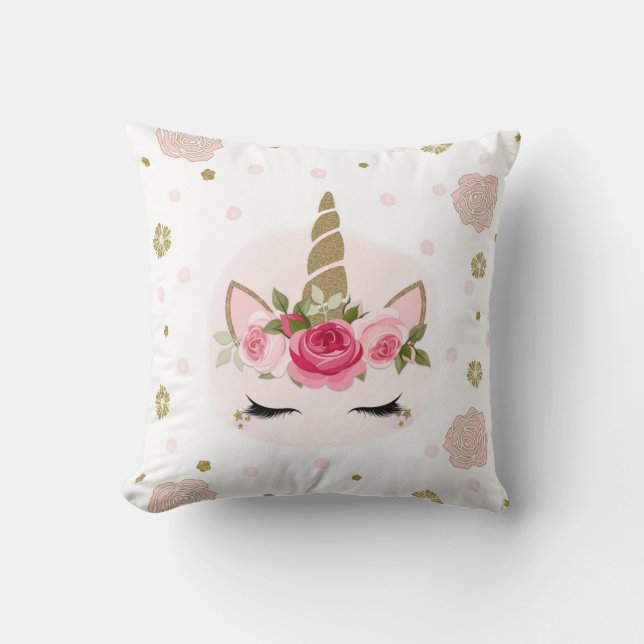 Coussin Licorne Fleur Or & Rose Fait une Floraison Branché (Recto)
