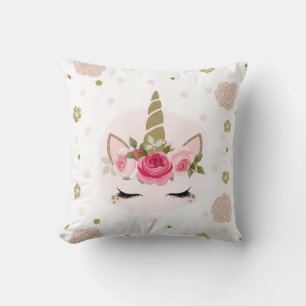Coussin Licorne Fleur Or & Rose Fleurit Tendance Mignonne