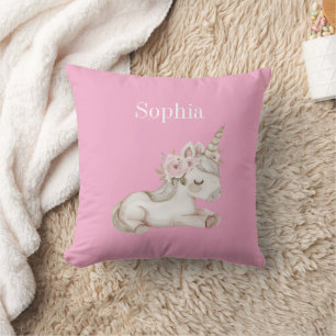Coussin Licorne Fleurie Blanche Rose Jolie
