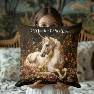 Coussin Licorne Florale Blanche Vintage Fantastique Forêt 