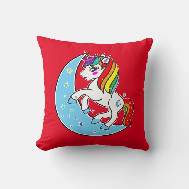 Coussin Licorne Lune et Étoiles Bleu Céleste Arc-en-Ciel (Recto)