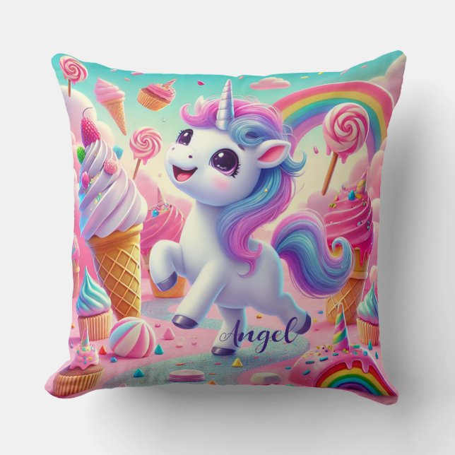 Coussin Licorne Magique, Cupcakes et Arc-en-Ciel (Recto)