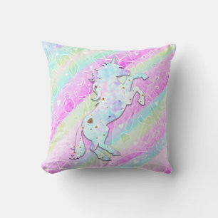 Coussin Licorne Magique Pastel Diamants & Étoiles Arc-en-C