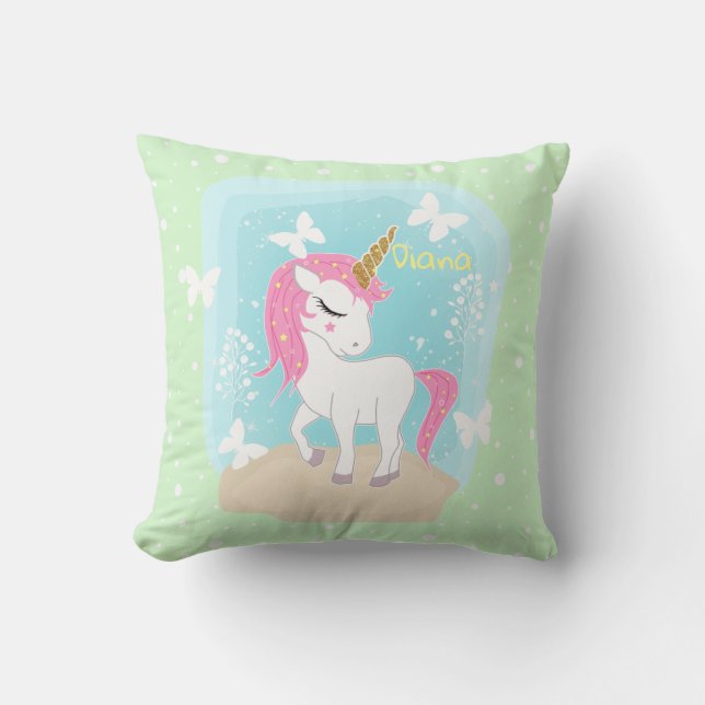 Coussin Licorne mignonne avec papillons. (Recto)