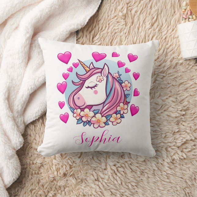 Coussin Licorne Mignonne, Cœurs Roses & Fleurs, Nom Person (Couverture)
