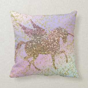 Coussin Licorne Pailleté Or Pastel Arc-en-Ciel Fille Branc