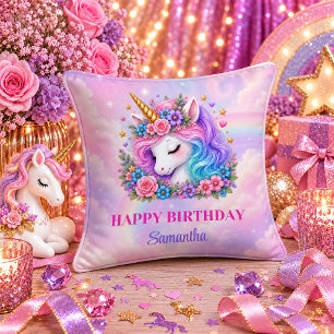 Coussin Licorne pastel anniversaire fille rose violet orei