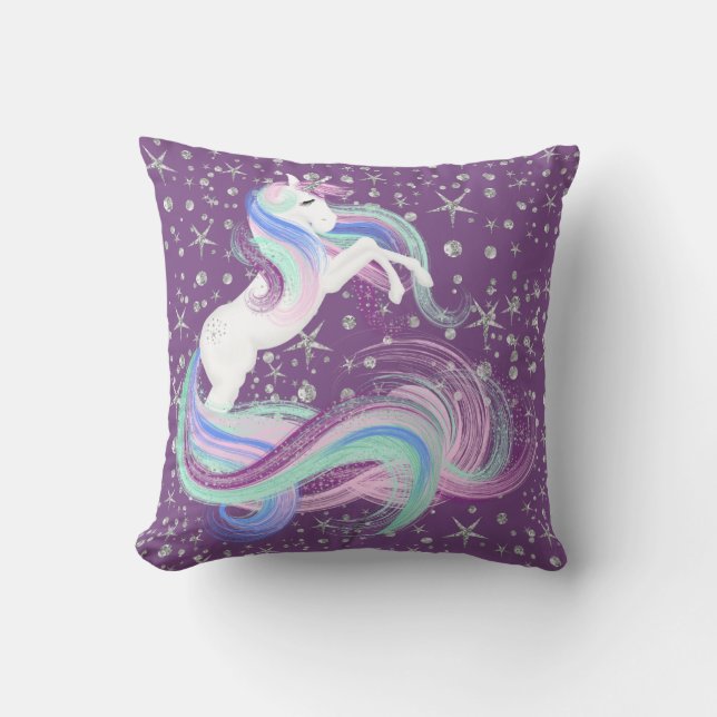 Coussin Licorne pourpre et rose avec les étoiles argentées (Recto)