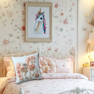 Coussin Licorne Rose Blanc Bleu Roses Roses