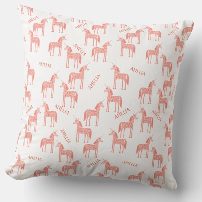 Coussin Licorne Rose Nom Personnalisé (Personalized custom name pink unicorn pattern throw pillow)