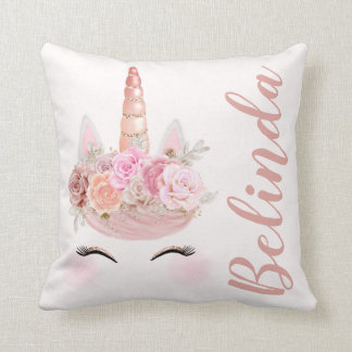 Coussin Licorne rose personnalisée d'or florale
