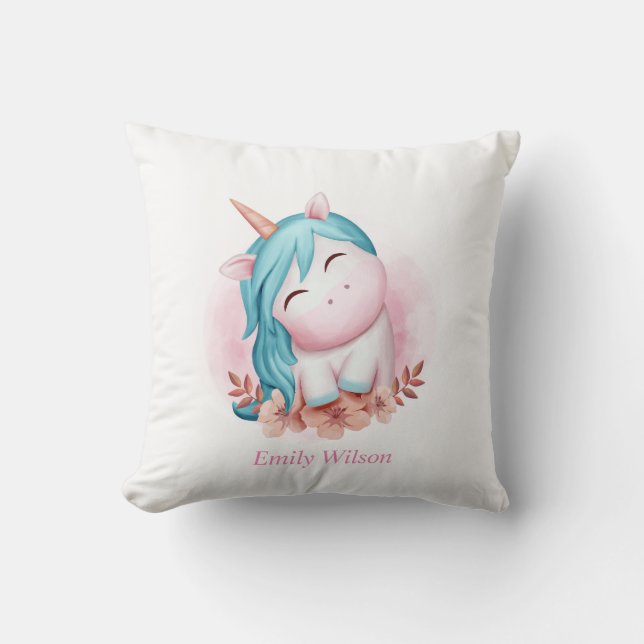 Coussin Licorne souriante aquarelle mignonne avec monogram (Recto)