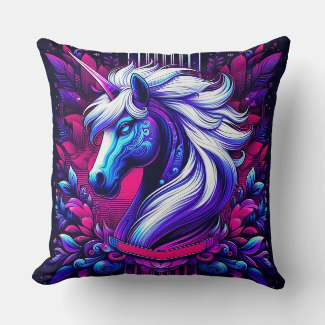 Coussin Licorne Vibrante Avec Éléments Floraux (Recto)