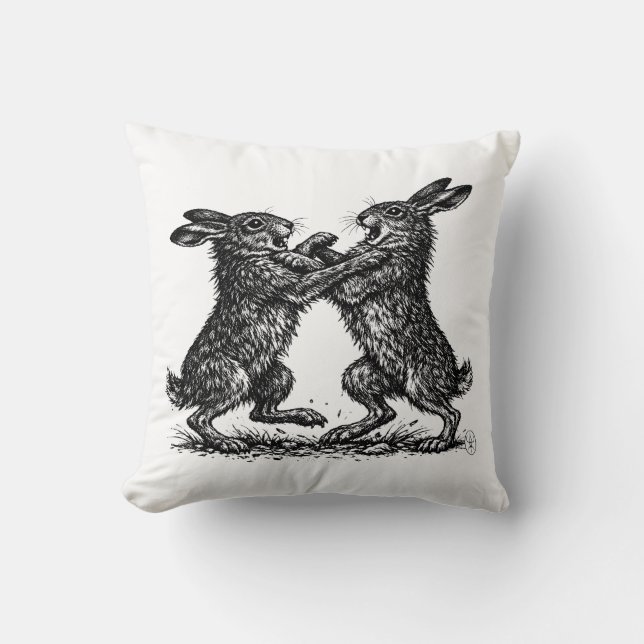 Coussin Lièvres Boxeurs – Duel encre hantée des bois (Recto)