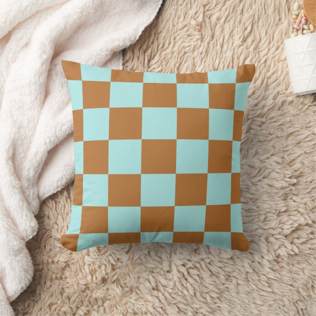 Coussin Light Blue Brown Checkerboard Pillow (Couverture)