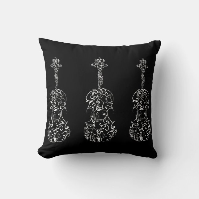 Coussin Ligne blanche dessin de violon sur le noir (Recto)