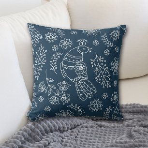 Coussin Ligne blanche Motif nordique d'oiseaux sur bleu