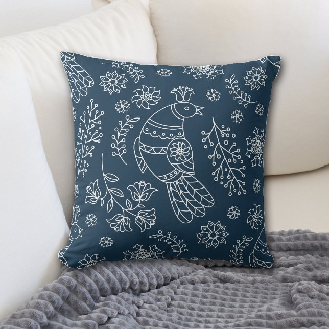Coussin Ligne blanche Motif nordique d'oiseaux sur bleu (Créateur téléchargé)