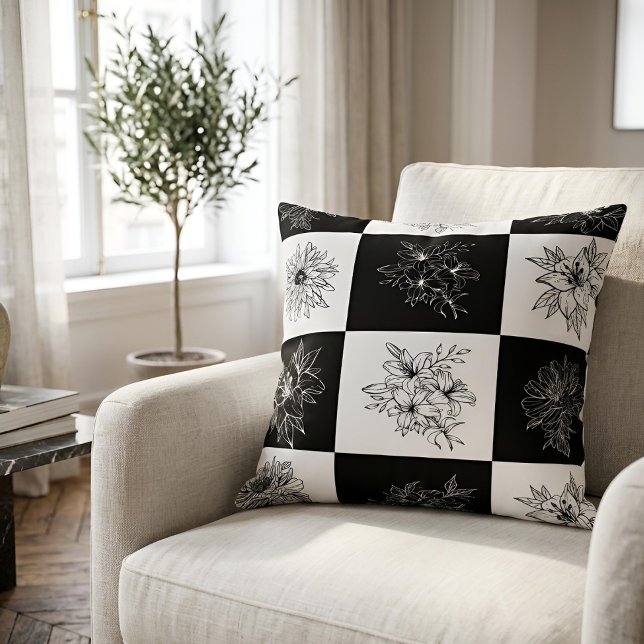 Coussin Ligne botanique chic damier noir et blanc (Créateur téléchargé)