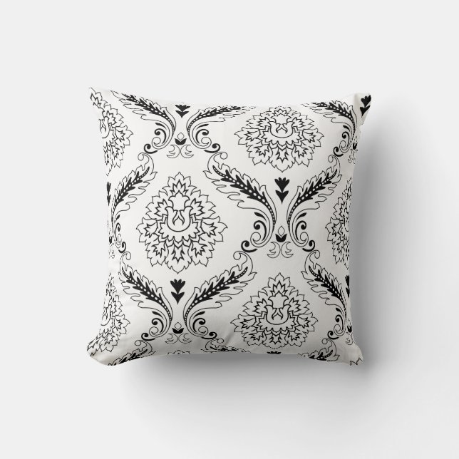 Coussin Ligne de Damas Rococo à motif décalé Noir sur Blan (Recto)