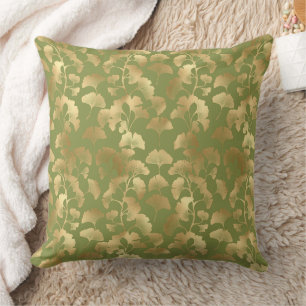 Coussin Ligne dorée feuilles de ginkgo botanique émeraude