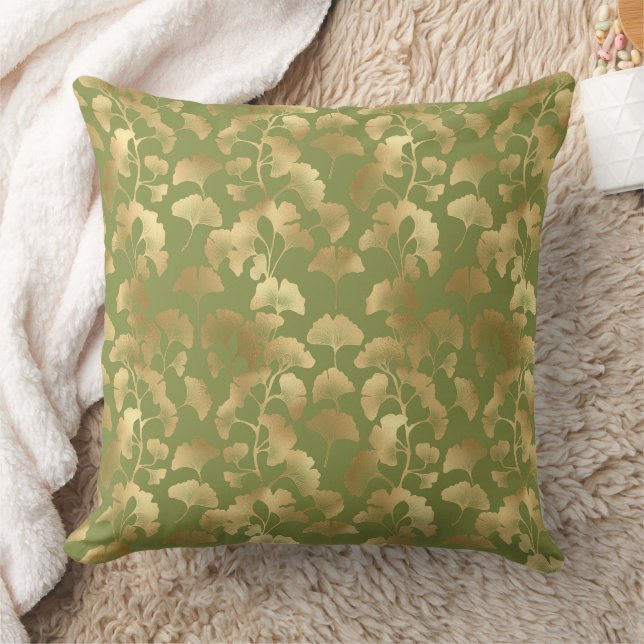 Coussin Ligne dorée feuilles de ginkgo botanique émeraude (Couverture)