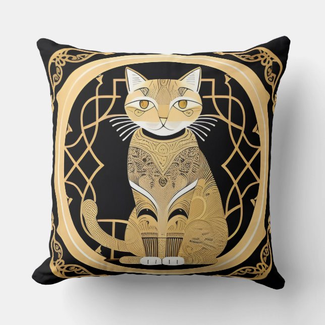 Coussin Ligne dorée représentant un chat avec des motifs g (Recto)