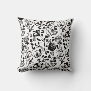 Coussin Ligne Florale Blanc Noir Main Tirée tendance