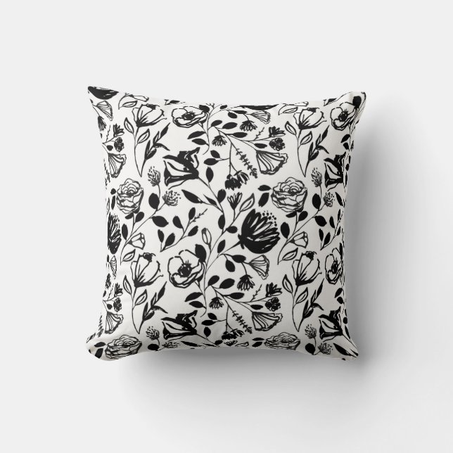 Coussin Ligne Florale Blanc Noir Main Tirée tendance (Recto)