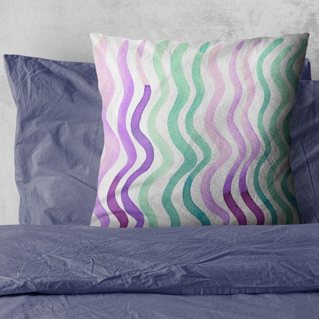 Coussin Lignes aquarelles violettes et vertes ondulées (Créateur téléchargé)