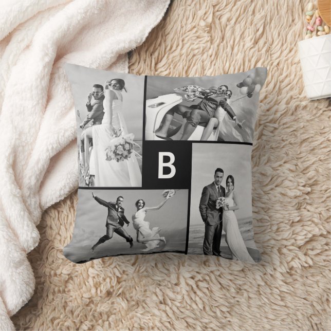 Coussin Lignes de grille modernes Monogramme noir Collage  (Couverture)