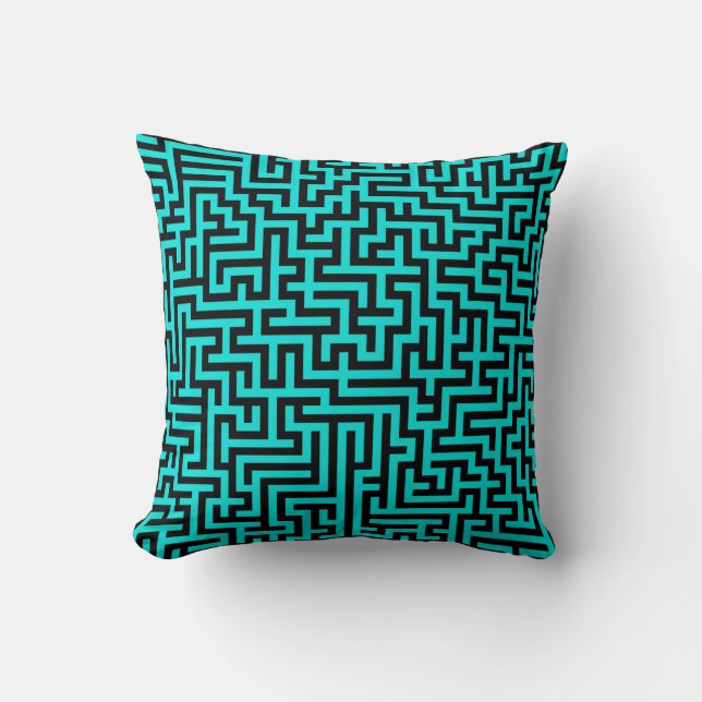 Coussin Lignes de labyrinthe noir turquoise (Recto)