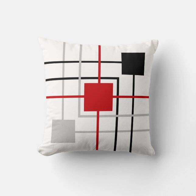 Coussin Lignes et carrés modernes noirs gris rouge (Recto)