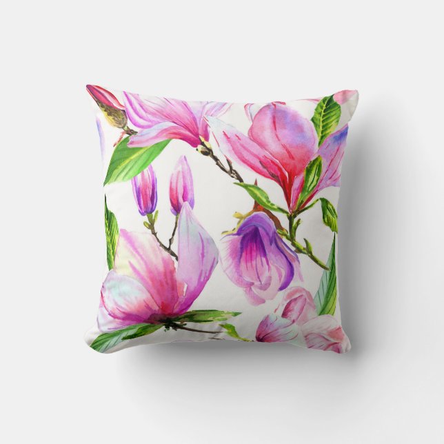 Coussin Lilac rose et violet aquarelle fleurs de magnolia (Recto)