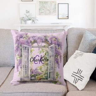 Coussin Lilacs fleurs de fenêtre rose monogramme