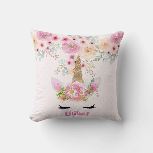 Coussin Lilibet Nommée Unicorn Face Fleurs Roses Filles (Recto)